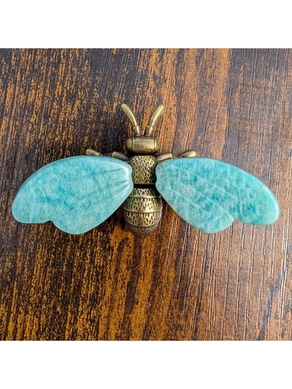 Amazonite Bee Crystal Wings | Blue-Green Gemstone | Brass Bee 2.25"